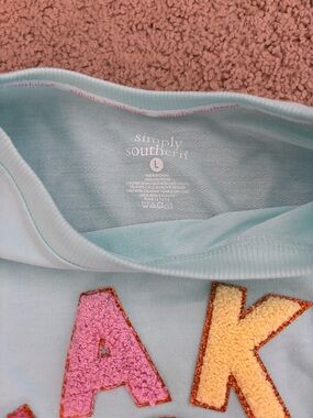 Simply Southern Light Blue Sweatshirt with Pink and Yellow Chenille Letters